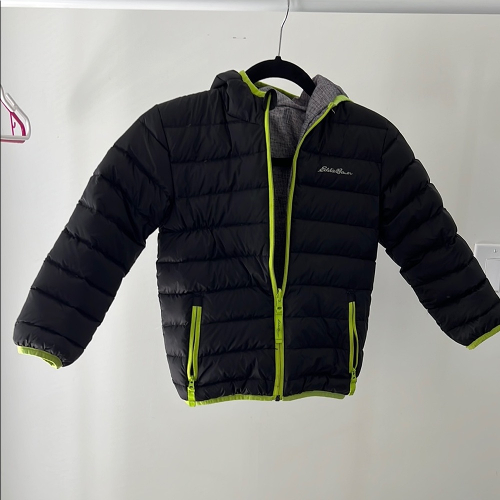 Eddie Bauer Black and Green Puffer Jacket with Hooded Design